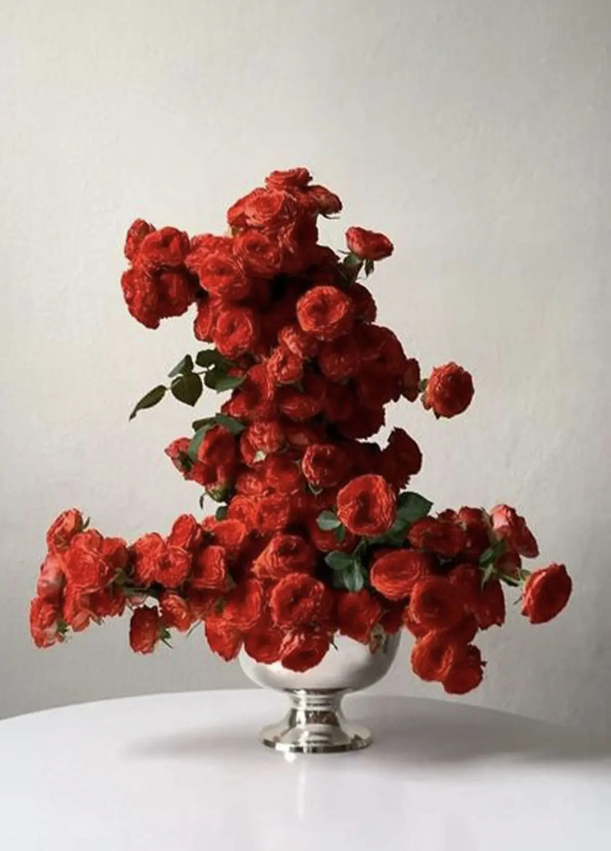 A bunch of Red flowers in a steel vase